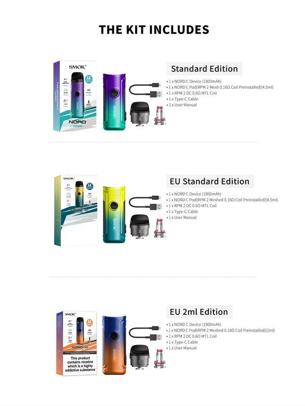 SMOK NORD C 50W Pod Kit showing compact hardware with replaceable pod, sleek design, and adjustable wattage controls.