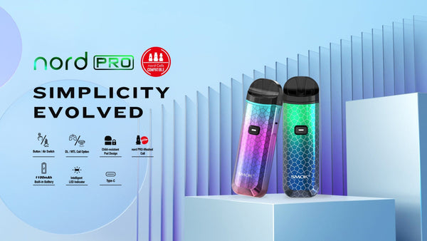 SMOK NORD PRO 25W pod kit with sleek design, showing the compact hardware device with mouthpiece and control buttons.