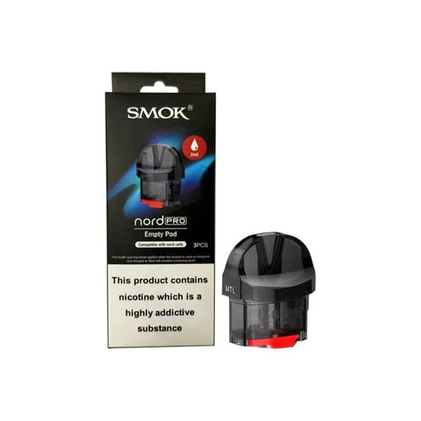 SMOK Nord PRO replacement pods for vape device, showing clear plastic construction and mouthpiece for refillable e-liquid storage