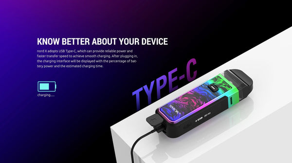 SMOK NORD X 60W Pod System vape device with ergonomic design and adjustable airflow, shown from a side angle.