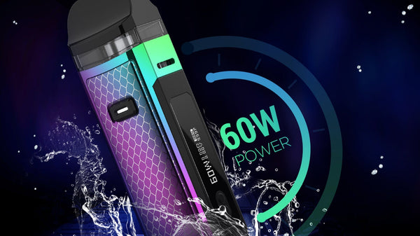 SMOK NORD X 60W pod system with sleek black design, compact hardware with adjustable wattage and refillable pod for vaping.