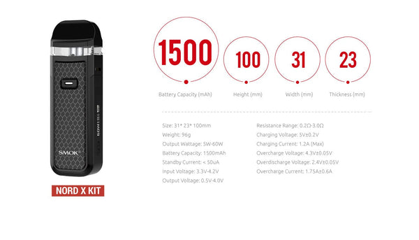 SMOK NORD X 60W pod system vape device with sleek design, showing the compact hardware with mouthpiece and colorful accents.