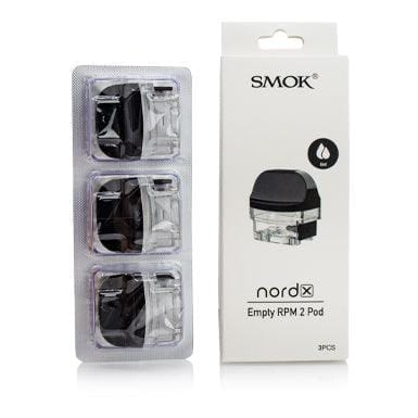 SMOK NORD X replacement vape pods shown in black with clear e-liquid windows, designed for easy refilling and compatible with SMOK devices.