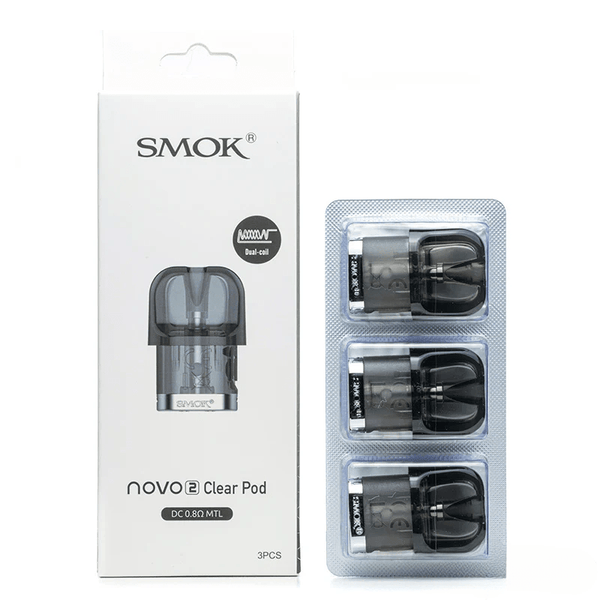 SMOK Novo 2 replacement vape pods, compatible with SMOK pod system, showing clear e-liquid chambers and mouthpiece.