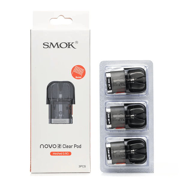 SMOK Novo 2 replacement vape pods, easy-to-fill refillable cartridges for SMOK vaping device, shown with clear mouthpiece and e-liquid window.