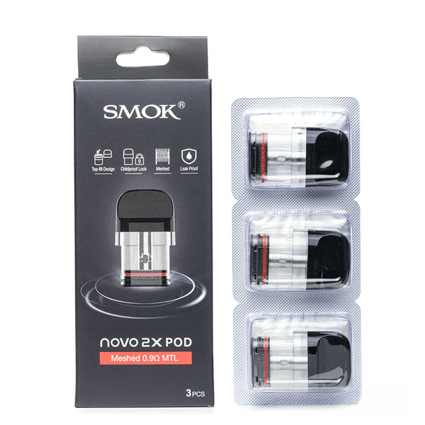 SMOK Novo 2X replacement vape pods, refillable and compatible with SMOK Novo 2X device, shown in black and transparent design.