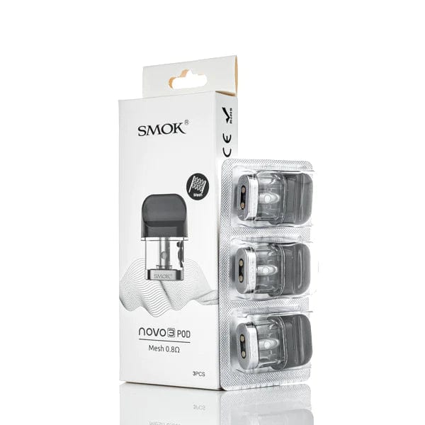 SMOK Novo 3 replacement pods for vaping device, showing clear plastic containers with mouthpiece and filling port