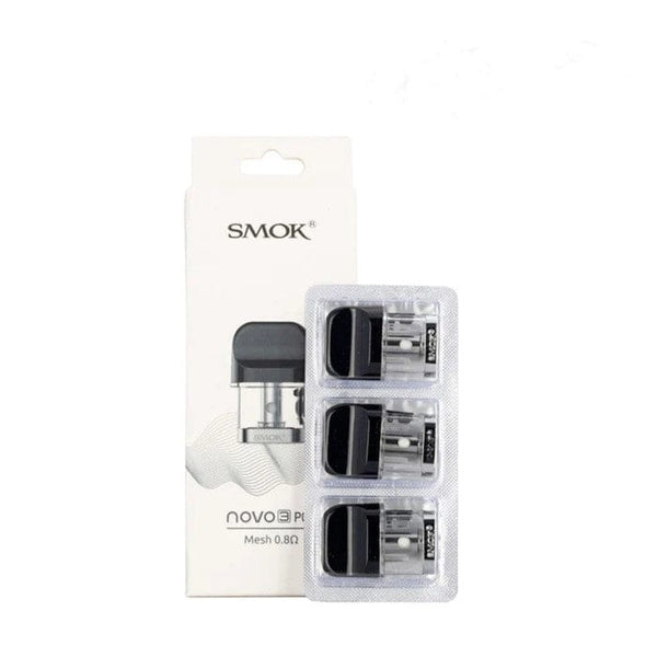 SMOK Novo 3 replacement pods for vaping device, clear plastic cartridge with visible filling port and mouthpiece.