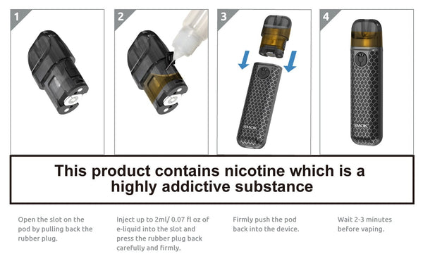 SMOK Novo 4 Mini Pod System hardware with sleek design and compact size, featuring pod cartridge and mouthpiece.