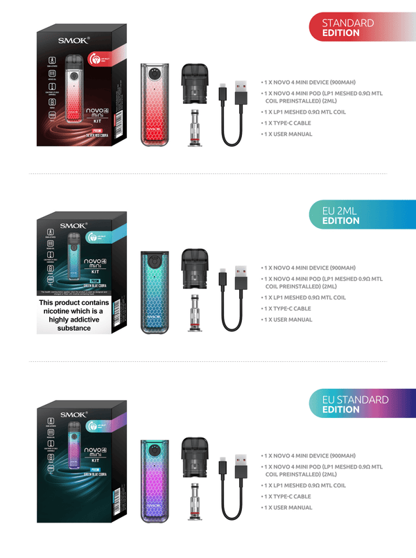 SMOK Novo 4 Mini Pod System hardware with compact design and replaceable pod, black color, featuring mouthpiece and LED indicator.