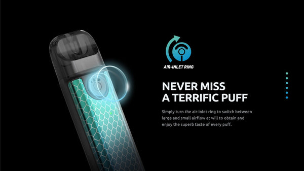 SMOK Novo 4 Mini Pod System hardware with sleek design and compact size, featuring a mouthpiece and adjustable airflow.