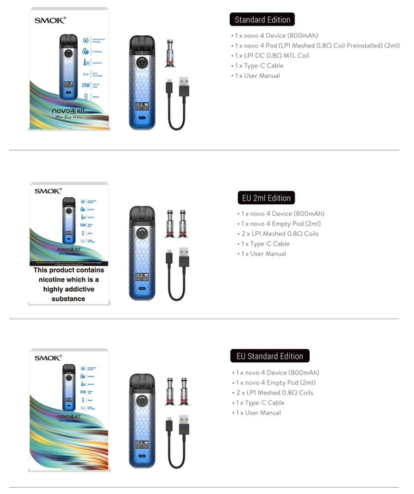 SMOK Novo 4 Pod Kit hardware with sleek design, compact size, and replaceable pod for vaping convenience.