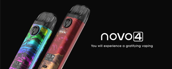 SMOK Novo 4 Pod Kit hardware with sleek design, featuring a compact vape device with pod system and adjustable airflow.