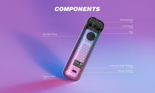 SMOK Novo 4 Pod Kit hardware with sleek design, includes pod and mouthpiece for vaping convenience.