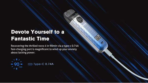 SMOK Novo 4 Pod Kit hardware with sleek design, featuring the compact pod system and mouthpiece for vaping.