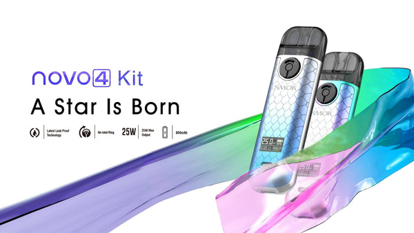 SMOK Novo 4 Pod Kit hardware with sleek design, featuring the device with replaceable pod and user-friendly vaping interface.