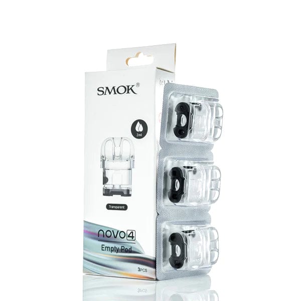 SMOK Novo 4 replacement pods for vaping device, showing clear plastic containers with e-liquid filling ports and branding.