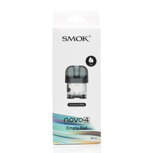 SMOK Novo 4 replacement pods for vaping device, showing clear plastic cartridges with mouthpiece and fill ports.