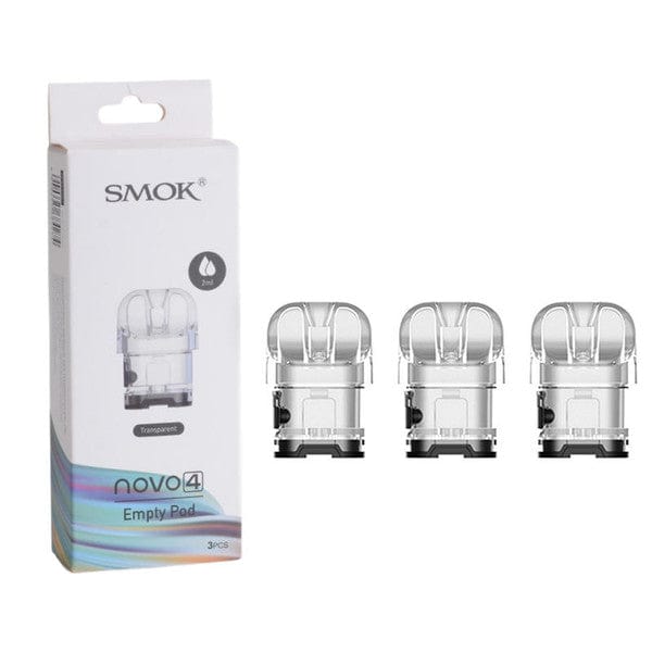 SMOK Novo 4 replacement pods for the SMOK vape device, showing clear plastic pods with mouthpieces and fill ports.