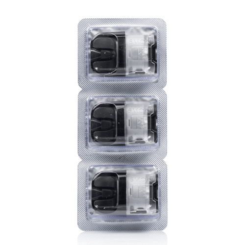 SMOK Novo 4 replacement pods for vaporizer device, showing two clear e-liquid pods with black mouthpieces.