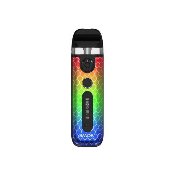 SMOK Novo 5 Pod System hardware with sleek design and compact size, featuring a mouthpiece, control button, and LED indicator.