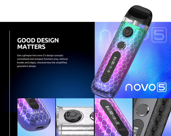 SMOK Novo 5 pod system handheld vape device with sleek design and adjustable airflow, part of SMOK's hardware collection.