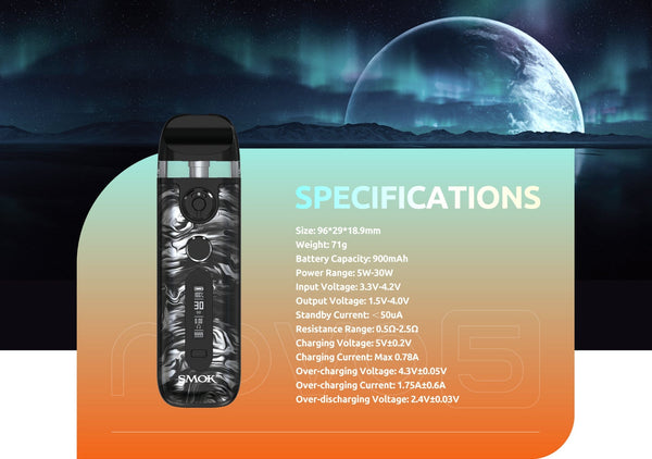 SMOK Novo 5 Pod System hardware featuring a sleek compact design with mouthpiece and pod cartridge visible.