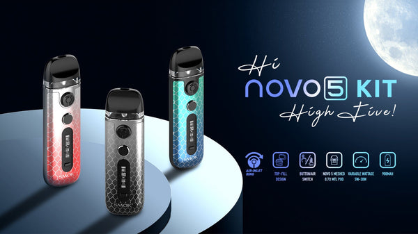 SMOK Novo 5 Pod System hardware device with sleek design and pod cartridge for vaping, compact and portable.