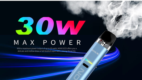 SMOK Novo Eco 30W Pod Kit showing compact hardware with sleek design and adjustable wattage, ideal for vaping.