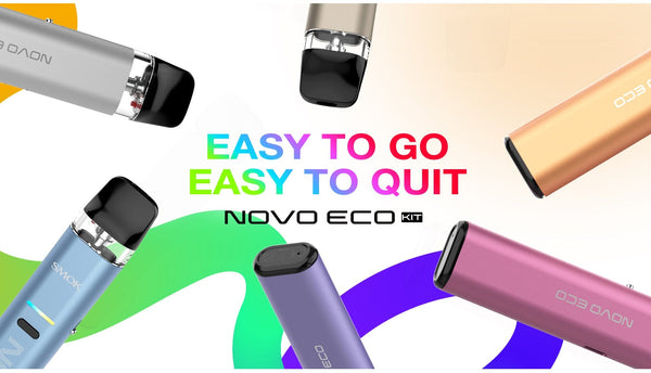 SMOK Novo Eco 30W Pod Kit hardware with sleek design, compact size, and integrated mouthpiece for vaping.
