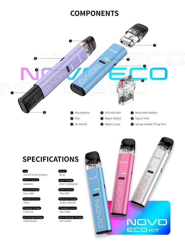 SMOK Novo Eco 30W Pod Kit hardware with sleek design, compact size, and integrated pod system for vaping convenience.