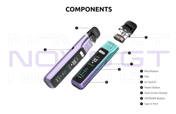 SMOK Novo GT 30W Pod System hardware with sleek design, compact size, and integrated mouthpiece for vaping.