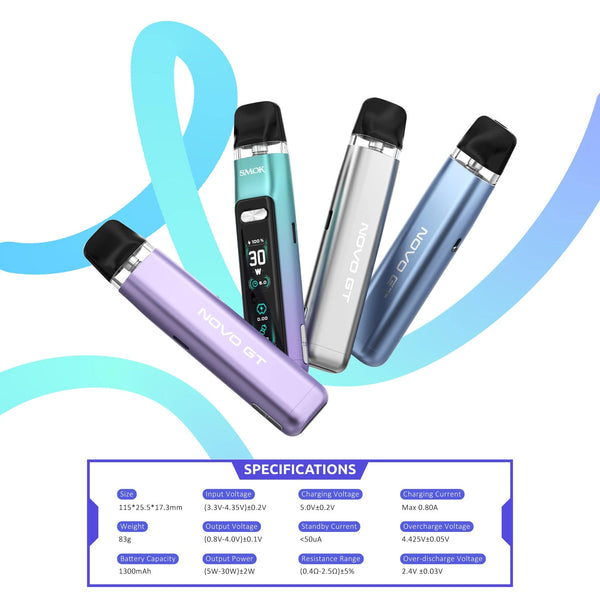SMOK Novo GT 30W pod system device with sleek design, compact hardware for vaping, featuring adjustable wattage and user-friendly interface.