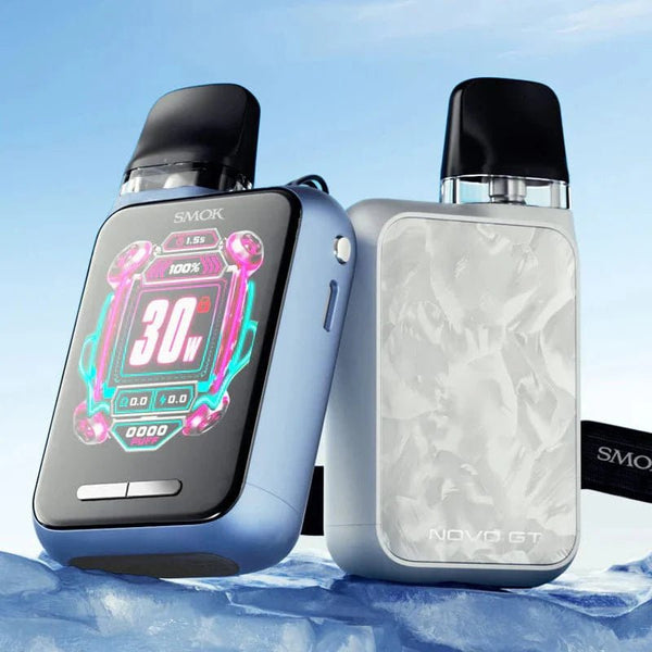 SMOK Novo GT Box Kit hardware with sleek black design, featuring a compact vaping device and accessories on a white background.