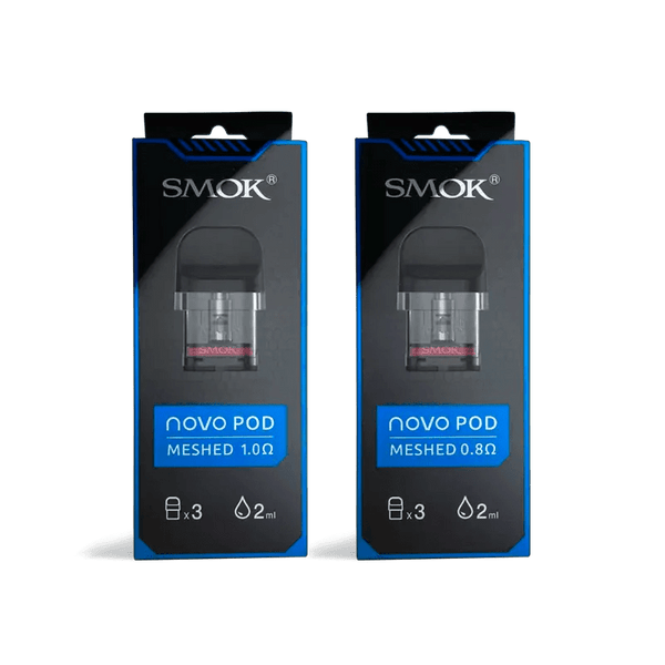 SMOK Novo replacement vape pods showing clear plastic container with multiple replacement pods for SMOK Novo device.