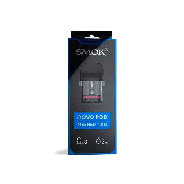 SMOK Novo replacement vape pods shown, compatible with SMOK vape devices, featuring mouthpiece and filling port for refilling.