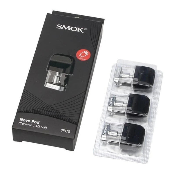 SMOK Novo replacement vape pods for SMOK Novo device, showing clear plastic pods with mouthpiece and e-liquid chamber.