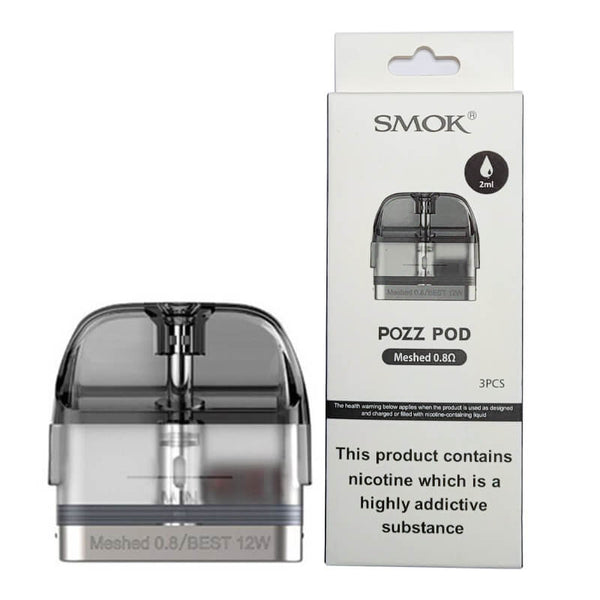 SMOK Pozz replacement vape pods shown in black with transparent mouthpiece, designed for use with SMOK vape devices.