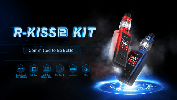 SMOK R-KISS 2 200W starter kit hardware with sleek design, featuring the device and accessories for vaping.