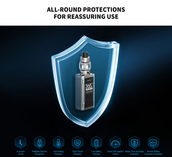 SMOK R-KISS 2 200W starter kit with sleek hardware and adjustable settings, featuring a compact design and advanced vaping features.