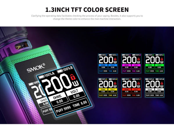 SMOK R-KISS 2 200W starter kit hardware with sleek design, featuring mod and accessories for vaping.