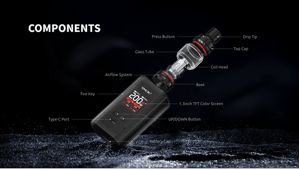 SMOK R-KISS 2 200W starter kit hardware with sleek design, featuring a compact mod and tank for vaping.