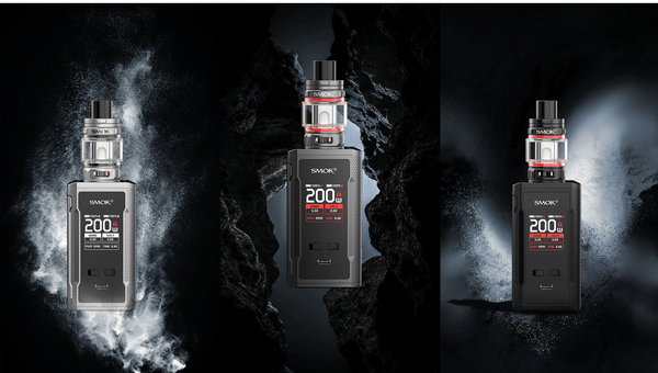 SMOK R-KISS 2 200W starter kit hardware with sleek design, featuring mod and attached tank for vaping.