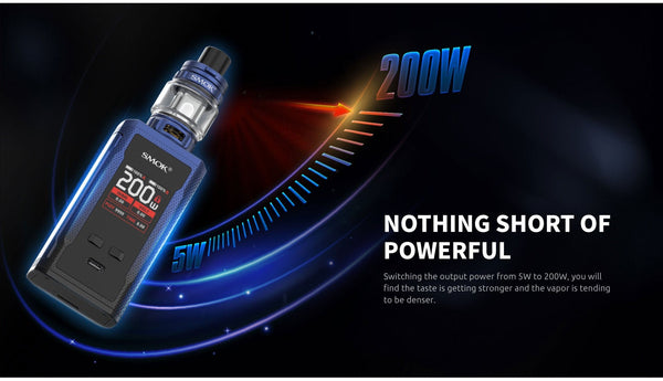 SMOK R-KISS 2 200W starter kit hardware with sleek design and adjustable settings, featuring a compact vaporizer device.