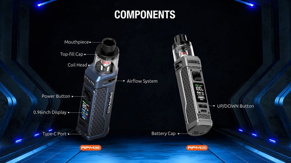 SMOK RPM 100 Pod Mod Kit showing the sleek device with pod cartridge and adjustable airflow features.