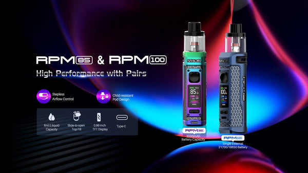 SMOK RPM 100 Pod Mod Kit showing the compact device with a black and silver design and removable pod for vaping.