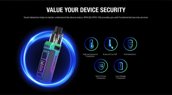 SMOK RPM 100 Pod Mod Kit showing the sleek black device with a digital display and pod cartridge attached.