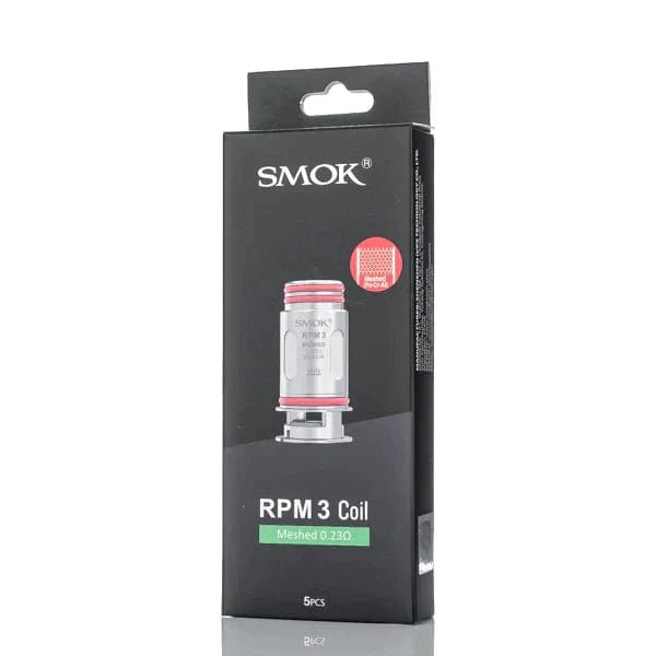 SMOK RPM 3 replacement vape coils for SMOK devices, showing a pack of cylindrical coils with mesh and traditional options.