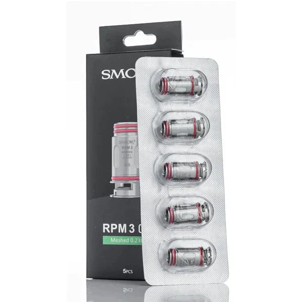 SMOK RPM 3 replacement coils for vape devices, showing multiple coil heads with metal and cotton wicking materials.