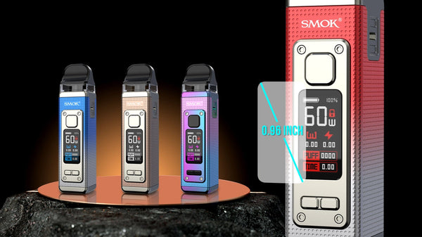 SMOK RPM 4 60W Pod Kit hardware with sleek design, shown with pod and user interface display for vaping.